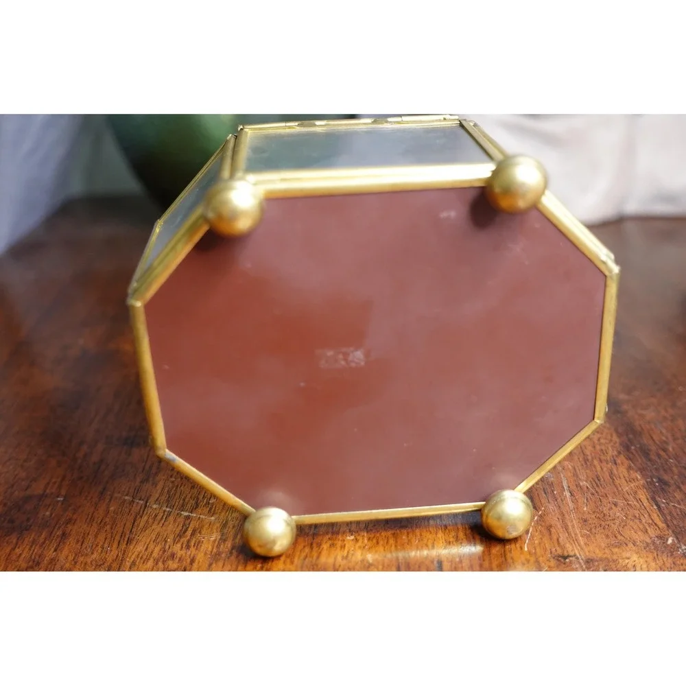 glass gold trim and‎ hinged lid footed octagon jewelry box with mirrored base